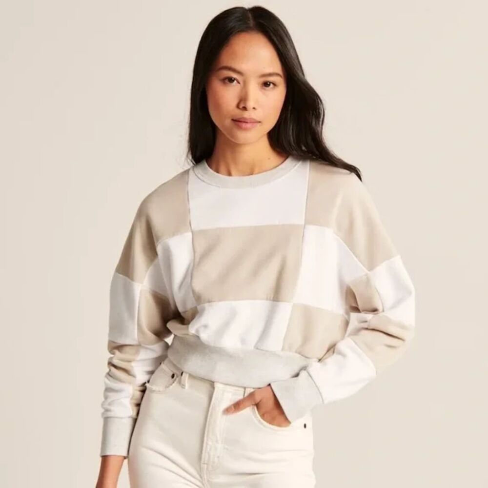Abercrombie Soft Collection Patchwork Beige Cropped Crewneck Sweatshirt, XS
